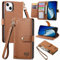 VEEMOS Zipper Wallet Case for Apple iPhone 15 Plus Phone Case with Purse Card Holders RFID Blocking Leather Flip Case Book Cover Wrist Strap Women - Brown