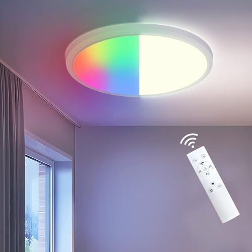 ONDTA LED Deckenleuchte Dimmbar LED Panel Ø42cm, 24W RGBW Neutralweiß 4000K Deckenlampe mit Fernbedienung, IP44 Rund Küchenlampe Badezimmer lampe für Wohnzimmer Schlafzimmer Küche Kinderzimmer