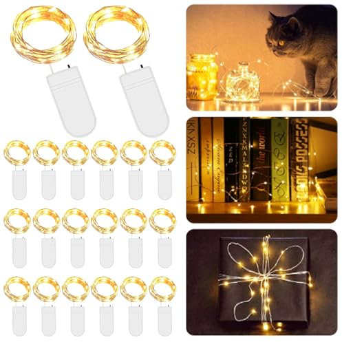 SPORWAY Catena luminosa a LED, 20 pezzi, 3 m, 30 LED, luce bianca calda, con batteria a bottone, mini catena di luci per giardino, Natale, feste, interni, esterni, decorazione fai da te