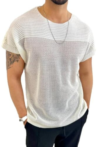 Kurzarm Herren Strickwaren Herren Mode T-Shirt Herren Gestrickter Tops Herren Aushöhlen Stricken Herren Casual T-Shirt Herren Einfarbig Tank Top Herren G-White L