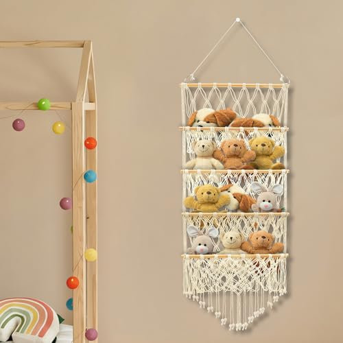 Stuffed Toy Storage Hammock 4-Layer Large Capacity Toy Storage Net Bohemian Style Hanging Toy Organizer Washable Plush Doll Holder with 2 Hooks for Kids Baby Nursery Wall Bedroom Room Decor