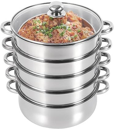 Edelstahl Dampfgarer 5 Liter Slow Cooker Gleichzeitiges Dämpfen und Kochen mit Glasdeckel für Induktionsherd Gasherd (30 cm)