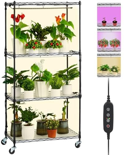 VEVOR Pflanzenständer mit Wachstumslicht, 4 Ebenen, 45 W Pflanzenregal für Innenbereich, 3 Lichtspektrum-Modi, Metall-Pflanzenregal mit Timer, Pflanzenwachstumsregal für Samenkeimung