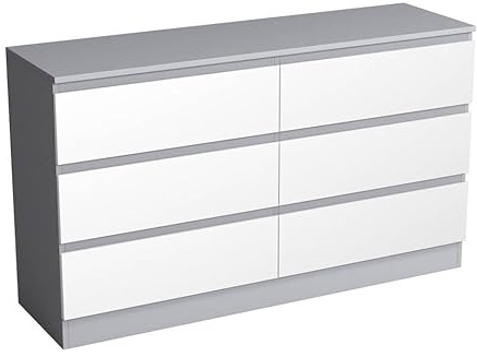 URBNLIVING Modern Grey Wooden Chest with White 6 Drawers for Bedroom or Office Storage Versatile Bedside Table and Stylish Cabinet for Organizing Clothes Accessories Work Place Supplies and Items