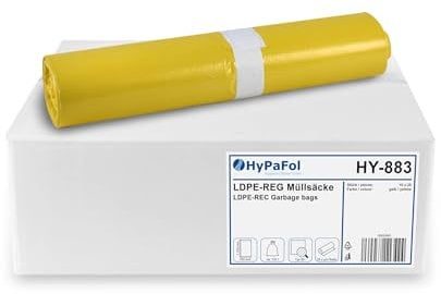 HypaFol Müllsäcke 120 L 250 Stück Gelber Sack I Robuste Müllsäcke für Abfalltrennung von Verpackungen & Kunststoff I Müllbeutel farbig zur Mülltrennung I Recycelter Kunststoff mit hoher Reißfestigkeit