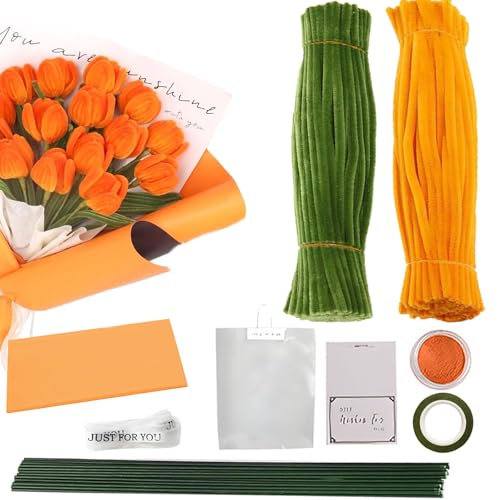 Barlone Tulpen Pfeifenreiniger Blumen Set, 200 Stück Pfeifenputzer zum Basteln, Pfeifenreiniger zum Basteln, mit Geschenkpapier, Geschenkband, Klebeband,12 Blumendraht,Grußkarten,Geschenktüte(Golden)
