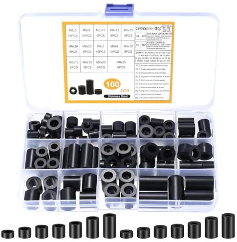 100 Pezzi Distanziali Rotondi in Nylon, M6 M8 Rondelle Plastica Nere, Spessori in Plastica, Distanziatori Isolanti, Rotonde in Nylon Non Filettate per Viti Circuito Stampato