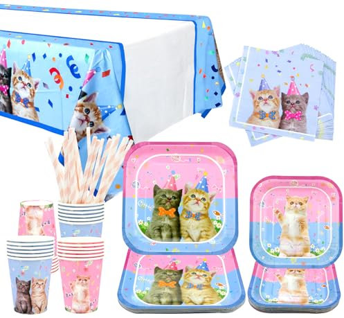 Suministros para fiestas de gatos – Vajilla de fiesta de gato – Platos de cena, platos de postre, tazas, servilletas, mantel para decoración de cumpleaños de gatitos, suministros de baby shower, sirve