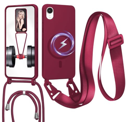 FERLAN Coque pour iPhone XR,Coque Magnétique Compatible avec (MagSafe),Silicone Complète Housse avec Lanyard Réglable Portable, Antichoc Anti-Chute Bandoulière Lanière Case, Rouge