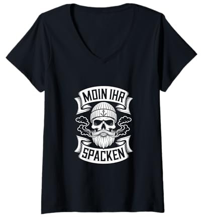 Damen Moin Ihr Spacken Schädel Anker Bart T-Shirt mit V-Ausschnitt