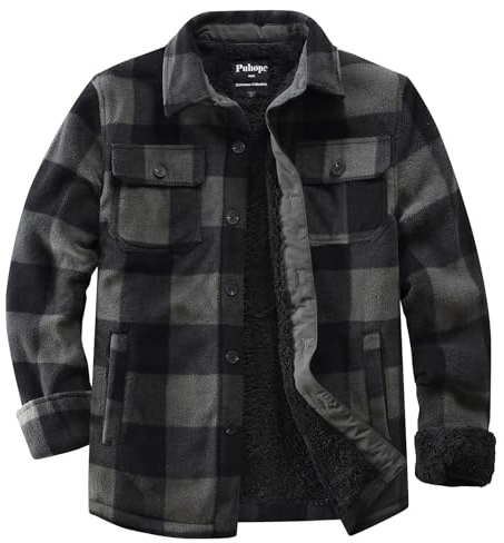 Puhope Herren Polarfleece-Hemdjacke mit Sherpa-Futter, dicke Button-Down-Jacke mit mehreren Taschen
