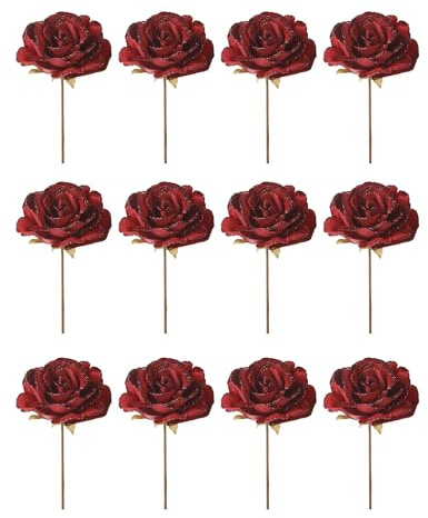 Set of 12 Red Artificial Glitter Roses, 13 cm with 20 cm Stem