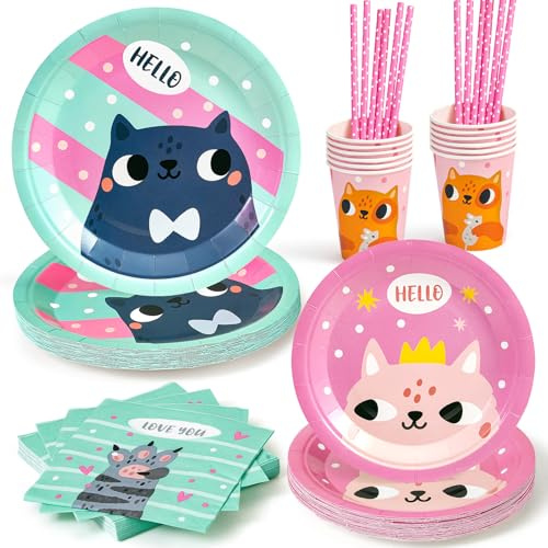 Vajilla Completa Gatos para Cumpleaños Infantil, Elegante Platos Vasos Servilletas Pajitas Decoración Fiesta Gatitos Niñas Niños, 12 Personas