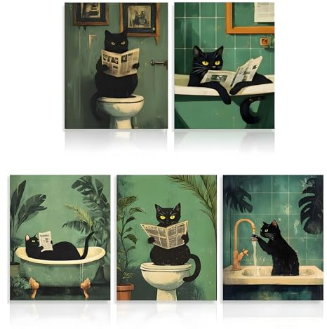 5PCS Black Cat Funny Bathroom Wall Art Pictures Humour Vintage Black Cat Poster Amusing Toilet Wall Art Cats Bathroom Decoration Pictures The Cats on the Toilet Waterproof Canvas 25x20cm Unframed