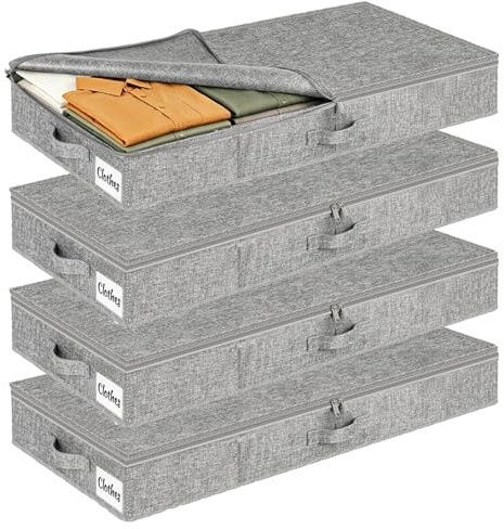Unterbett Aufbewahrungsbox 12 cm mit Deckel, 4 Stück Faltbare Unterbettkommode Stabil, Platzsparend Kleideraufbewahrung & Organisation mit 3 Griffen, Waschbar Bettkasten für Kleidung & Decken, Grau