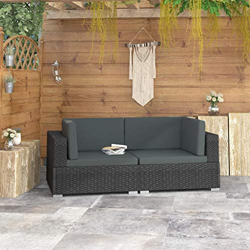 Owoxanthellate Rattan Ecksofa Set Schwarz 70x70x54 cm wetterfestes Gartensofa aus PE Rattan mit Stahlgestell und Sitzkissen für Outdoor Lounge Balkon Terrasse Gartenmöbel 2-Sitzer klein