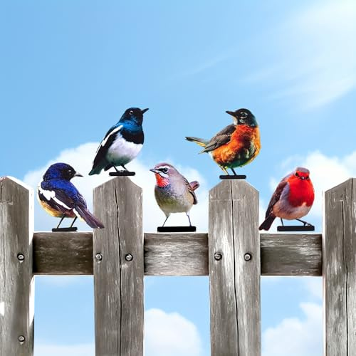KUWUNG 5 Stück Bemalte Vogel Garten Deko, Draußen Metall Vogel Baumstecker, Gartendeko für Draußen Wetterfest, Mini Vögel Deko für Garten Frühling Party Dekoration