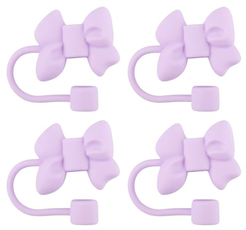 Wellrun 4 Pcs Cute Bow Straw Covers for Stanley Cups,8-10mm Silicone Toppers for 30/40 oz Tumblers,Reusable Dust-Proof Caps,Cup Accessories for Outdoor,Parties(Purple)