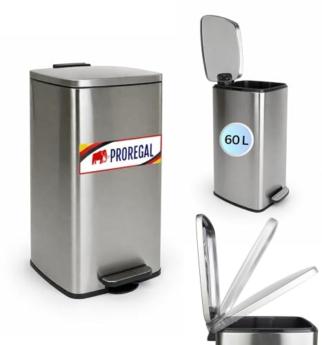PROREGAL Mülleimer Küche Bad 60L, Abfalleimer mit Softclose & Stay-Open Deckel, Fußpedal & Inneneimer | Stahl, Silber | rechteckiger Treteimer mit Inneneimer, Tretmülleimer 60 Liter
