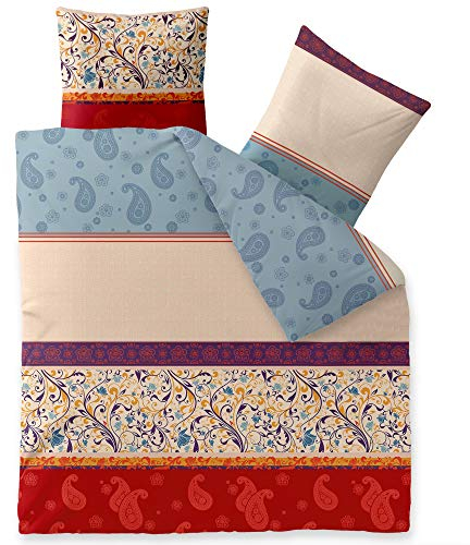 CelinaTex Touchme Biber Bettwäsche 200 x 200 cm 3teilig Baumwolle Bettbezug, Set, Bettgarnitur für Sommer und Winter, ganzjährig, pflegeleicht, Megan Ornamente beige blau rot