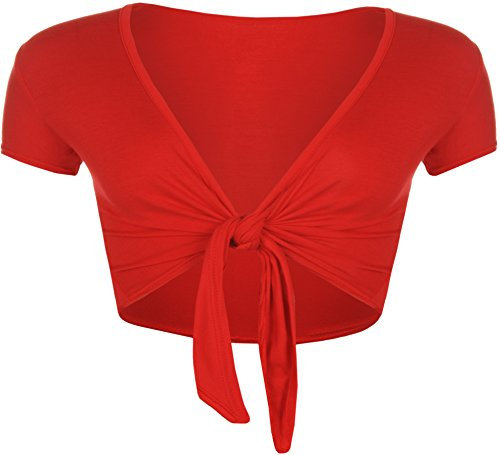 WearAll New Ladies Tie Up Shrug Crop Top Womens Short Sleeve Stretch Open Top Red 8/10