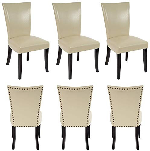 Mendler 6er-Set Esszimmerstuhl Chesterfield, Stuhl Küchenstuhl, Nieten MVG-Zertifiziert - Kunstleder, Creme, dunkle Beine