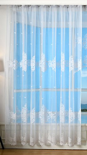 Bogenstore Gardine Jacquard, 245x450, Blumenmuster Weiß Kräuselband Universalband Faltenband Store, 13140