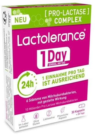 LACTOLERANCE 1/DAY I Précurseur de Lactase I Protection 24h/24-1 seule gélule par jour | Améliore la digestion du lactose | Tout niveau d'intolérance | 1 mois de traitement microbiotique