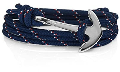 Anchor Rope Bracelet for Men & Women Made from Stainless Steel and Durable Rope - Adjustable - Handmade in The UK - (Navy Stripe & Silver)