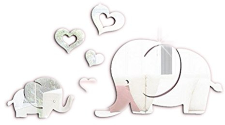 VORCOOL Elefant Herzen Wandtattoo 3D Spiegel Wand Aufkleber Kinderzimmer Babyzimmer Wanddekoration, Silber