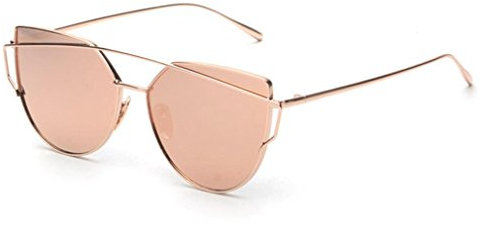 Fat.chot Women Sunglasses, Twin-Beams Alloy Metal Frame Classic Flat Mirror Sunglasses Ultra Thin & Light Cat Eye Glasses 18 Type (Rose Gold)