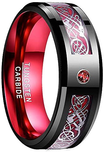 NUNCAD Ring Damen mit Zirkon und keltischen Drachen Wolfram Ring Unisex mit Kohlefasern für Hochzeit Verlobung Trauung Geschenkidee Größe 57 (18.1)