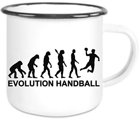 Crealuxe Emaille Tasse Evolution Handball - Kaffeetasse mit Motiv, Campingtasse, bedruckte Emailletasse mit Wunschtext