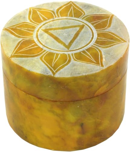 Dose aus Speckstein, Chakra Schmuckdöschen mit Deckel, Nabelchakra | Kleine Box mit abnehmbarem Deckel, Gravur symbolisiert kosmische Ordnung und spirituelles Wachstum.