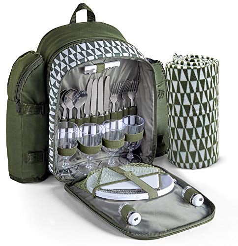 VonShef Picnic Backpack, 4 Person Green Picnic Bag with Full Dining & Cutlery Set, Insulated Cooler Compartment & Large Waterproof Picnic Blanket, Lightweight Water Resistant Camping Accessories