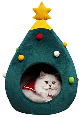 Puzzlos Nido del letto di gatto, comodo letto in feltro gatto in grotta Albero di Natale a forma di nido semi-chiuso per animali domestici per mantenere caldo il gattino