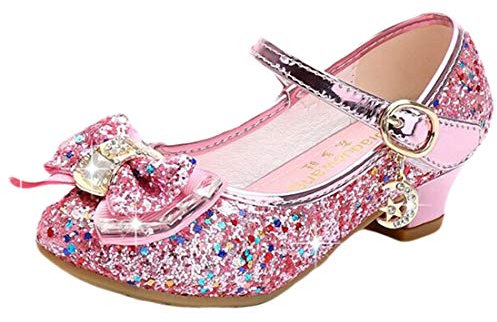 Mama Stadt Prinzessin Glitzer Schuhe Mädchen Stöckelschuhe Pailletten Cosplay Schuhe für Partys Hochzeiten Klett Sandalen Elegante mit Absatz, Rosa/ 34