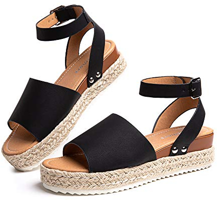 Hitmars Sandali Zeppa Donna Estivi Espadrillas Gladiatore Fibbia Sandali Elegant Romano Comode Piattaforma Tacco 5.6cm 1-Nero EU39
