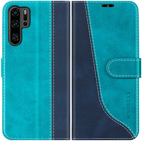 Mulbess für Huawei P30 Pro Hülle, Handyülle Leder mit Kartenfach, Klapphülle mit Magnetverschluss, Flip Case Etui Handytasche Schutzhülle, Stilvoll Mint Blau