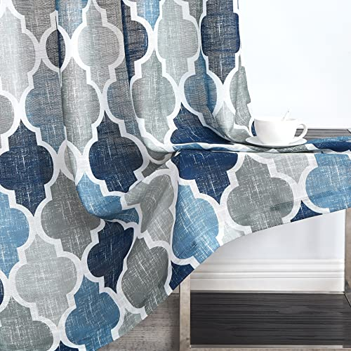 Beauoop Blau Grau Voile Vorhänge Leinenoptik Rautenmuster Gardinen mit Ösen Geomertrisch Marokkanisch Halbtransparent Ösenvorhang Dekoschal für Schlafzimmer Wohnzimmer 2er Set, 127 x 245cm (HxB)