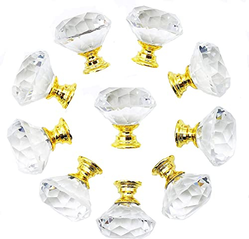 NALLBEIRRAA 16Pcs 40mm(1.57'') Clear Crystal Cabinet Knobs Drawer Dresser Knobs Diamond Shape Chrome Glass Cabinet Knobs Pull Handles with Screws for Home Kitchen Office (Gold)