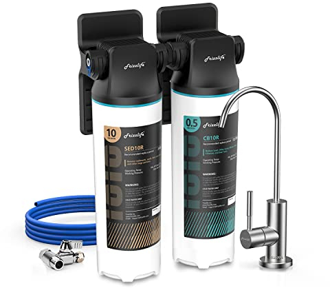 Frizzlife DW10F Untertisch-Wasserfiltersystem mit gebürstetem Nickelhahn, NSF/ANSI 53&42 zertifizierte Elemente, reduziert 99,99% Blei, Chlor, Fluorid, schlechten Geschmack & Geruch, 0,5 Mikron