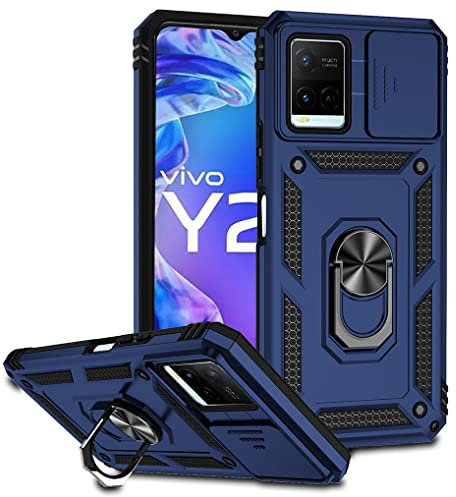 SEEKO Coque pour Vivo Y21 / Y21s / Y33s, Protection de la Caméra, Étui avec 360 Degrés Rotation Bague, Renforcée Bumper TPU + PC Silicone Antichoc Armure - Bleu
