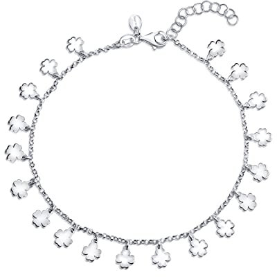 Amberta Bracelet de Cheville avec Breloques pour Femme en Argent Sterling 925/1000: Trèfles - 22 + 3 cm