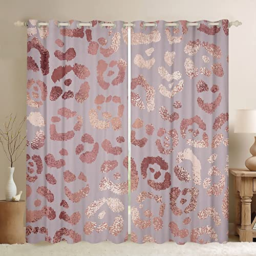 Homewish Cheetah Print Blackout Curtains Rose Gold Colored Leopard Print Curtains & Drapes Luxury Pink Sequin Curtains 46X54 Safari Animal Window Drapes For Bedroom Durable Window Treatments