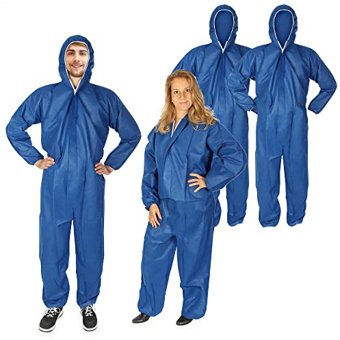 com-four® 4x Schutz-Anzug dreilagig mit Kapuze und Reißverschluss - dreilagiger Maler-Overall One-Size - Körpergröße von 160 bis 200 cm - Schutzkleidung zum Malern und Renovieren (Blau - 4 Stück)