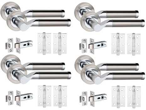 Golden Grace Titan Door Handles Lever, Dual Nickel/Chrome, 4 Pairs | Includes a 64mm tubular latch, ball bearing hinges, spindle, and screws for complete, hassle-free door installation.