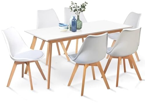 IDMarket - Esstisch-Set Inga ausziehbar 160-200 cm und 6 Stühle Sara, weiß, skandinavisches Design