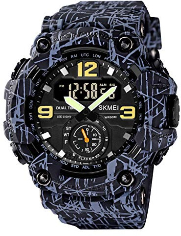 Yuxier Orologio militare da uomo, mimetico, per sport all'aria aperta, impermeabile, con data, multifunzione, con allarme LED, diverse fusi orari, Nero grigio, striscia