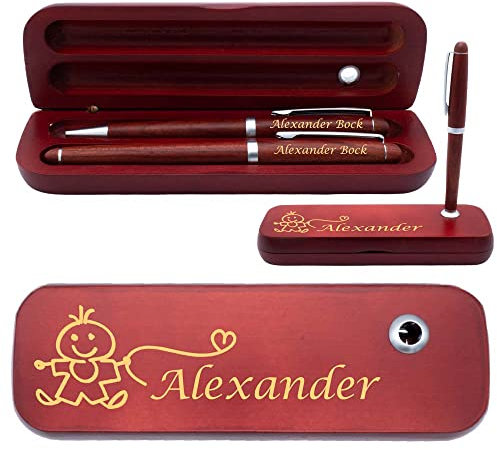 Juwelier Schönschmied Wooden Writing Set with Box | Box, Ballpoint Pen and Fountain Pen with Choice of Engraving | Wooden Box with Ballpoint Pen Stand | Blue Writing | (Boy)